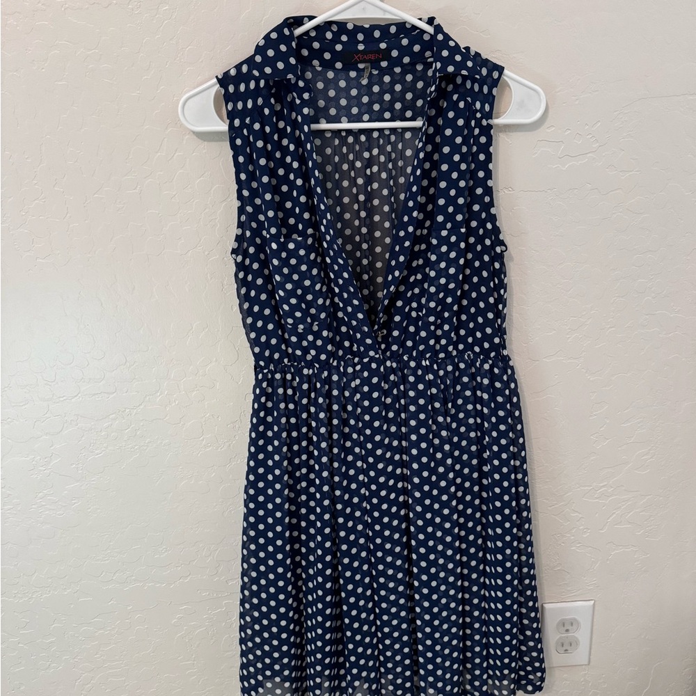 Small blue dress. Polka dot, light.